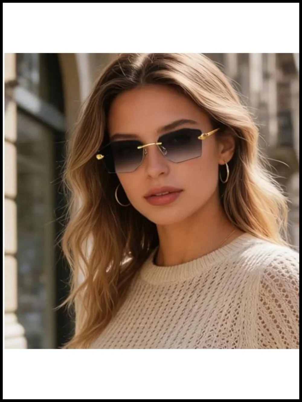 Rimless Rectangle Sunglasses Women Men Fashion Trendy Metal Tinted Shades Clear